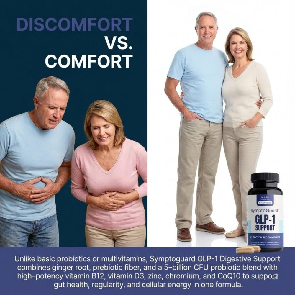 SymptoGuard prebiotic-probiotic blend emphasizes gut microbiome support.