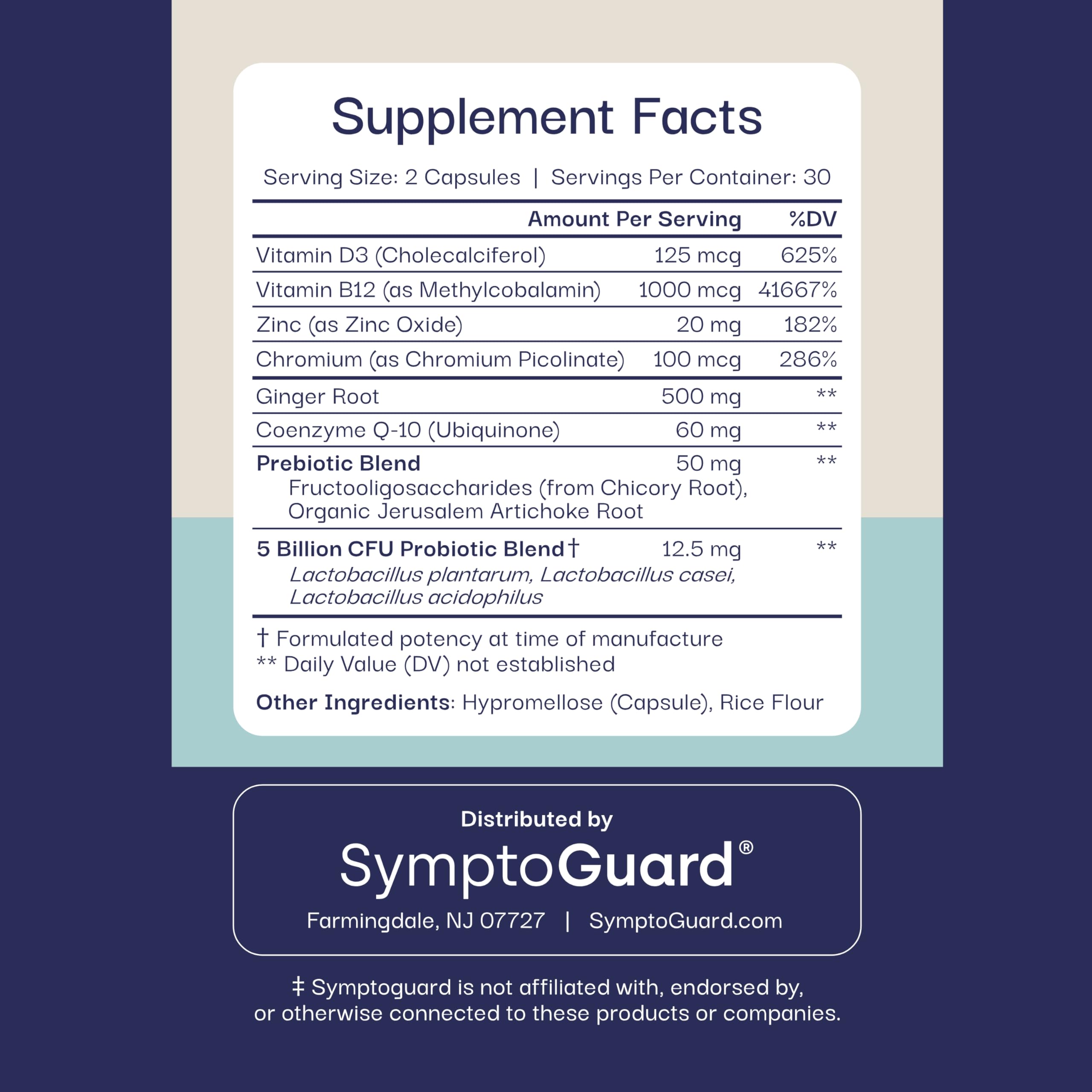 SymptoGuard take-with-food reminder illustrates simple daily routine.