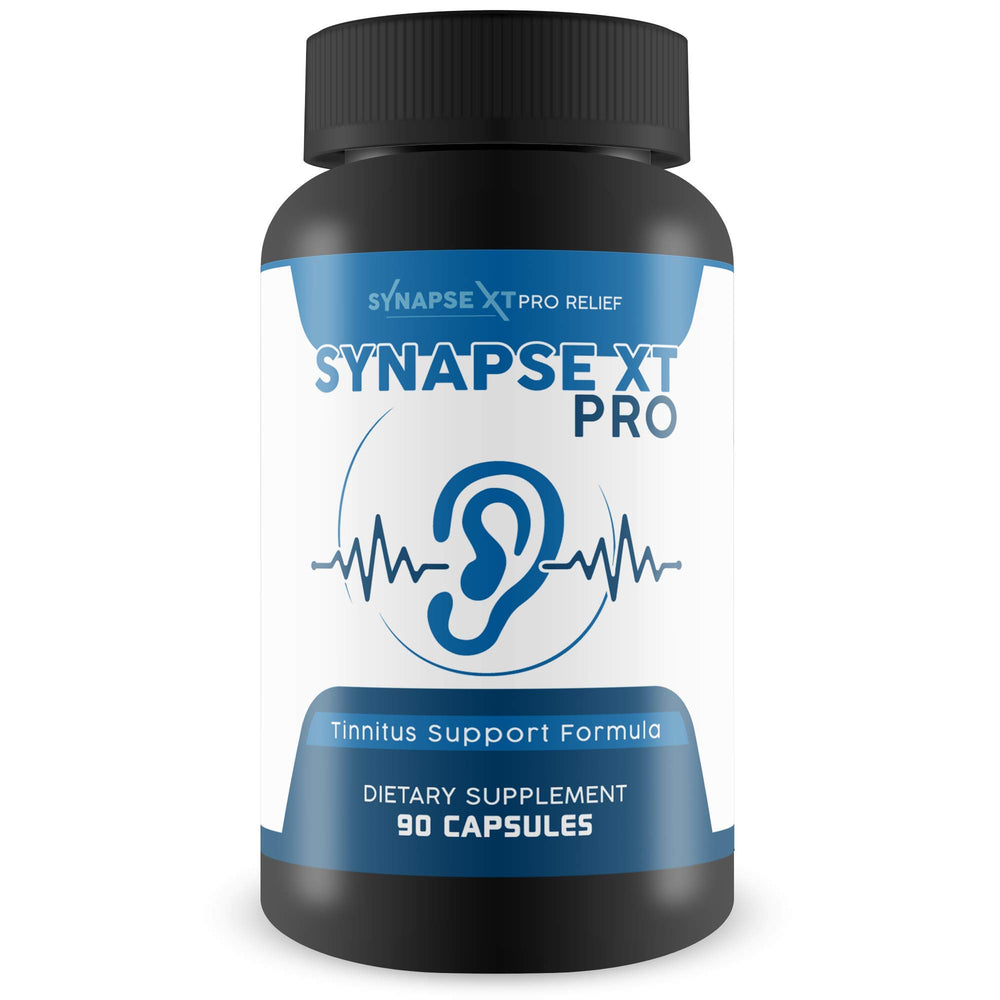 Synapse XT Pro bottle front showing the herbal tinnitus support formula for daily ear comfort.
