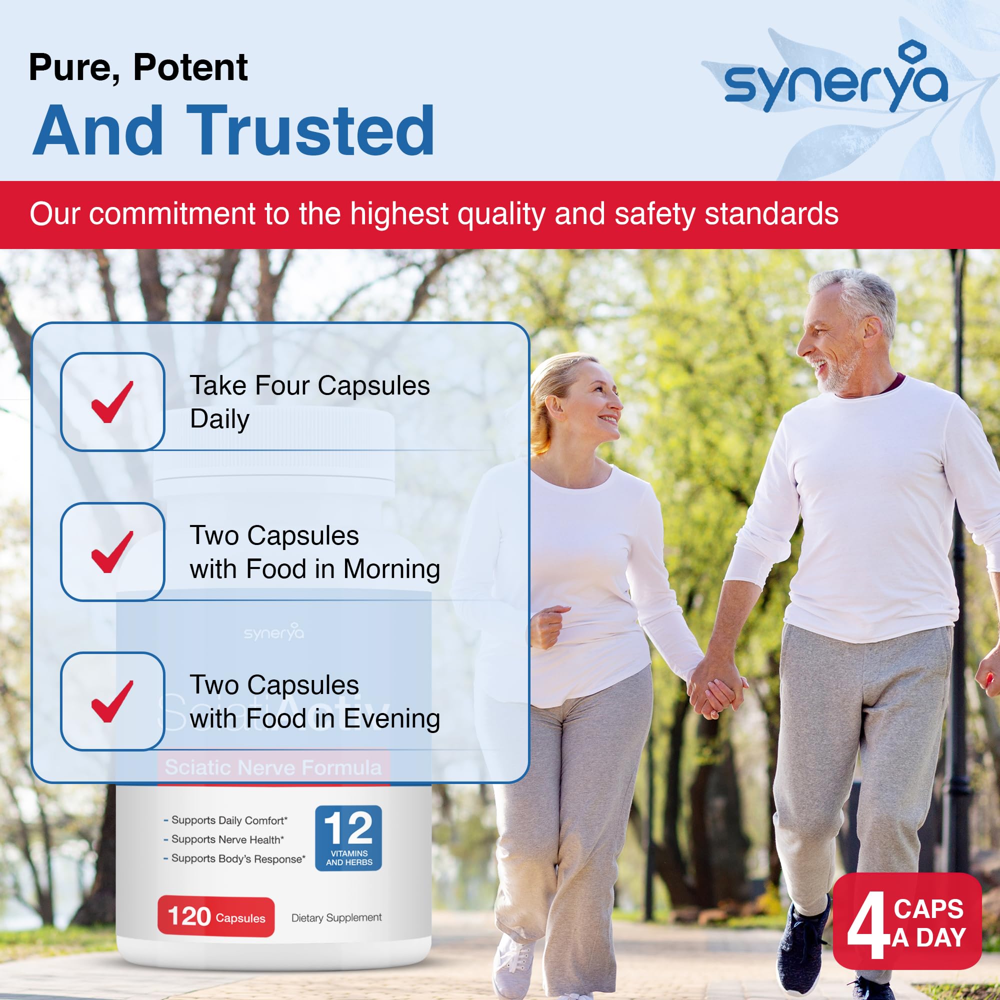 SYNERYA Daily-use supplement glass with capsules suggesting a consistent routine.