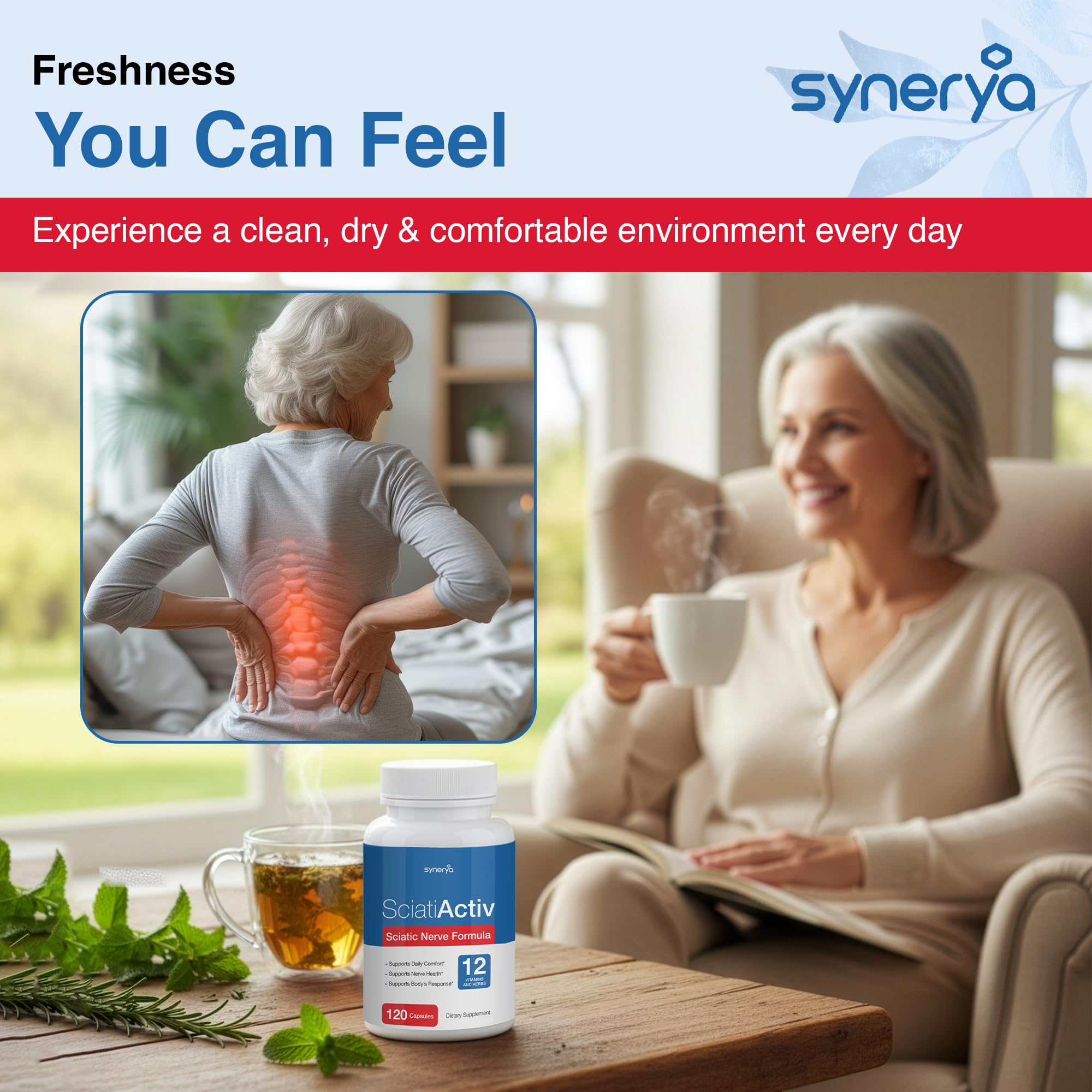 SYNERYA Vitamin B Complex capsules pack focusing on nerve function and energy.