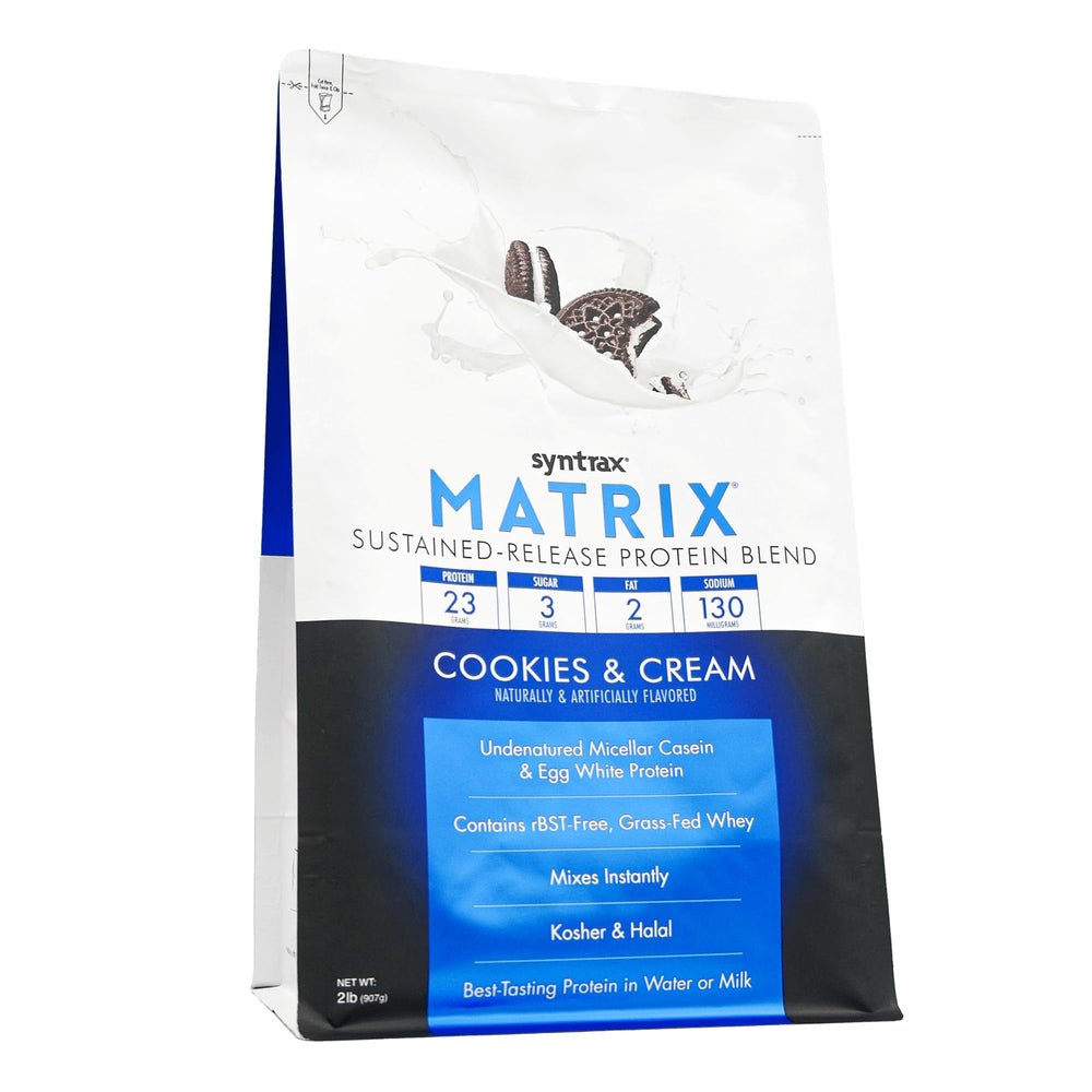 Syntrax Matrix cookies and cream powder ready to blend into shakes.