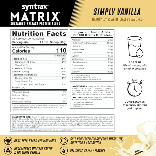 Close look at Syntrax Matrix ingredients including whey, casein, and egg white proteins.