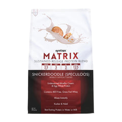 Syntrax Matrix Snickerdoodle tub showing sustained-release protein concept and real cookie pieces.