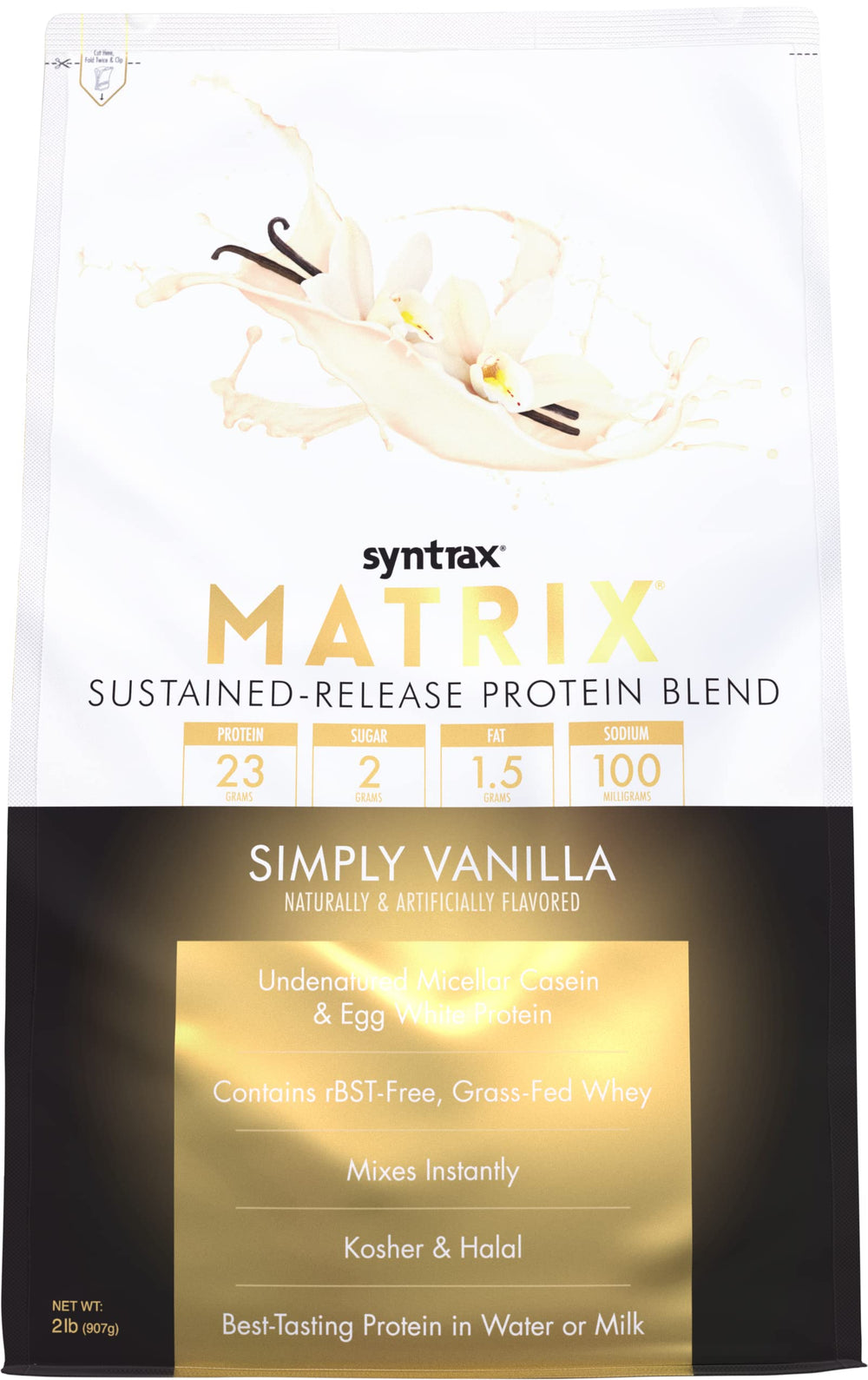 Syntrax Matrix bottle illustrating sustained-release protein for steady daily nutrition.