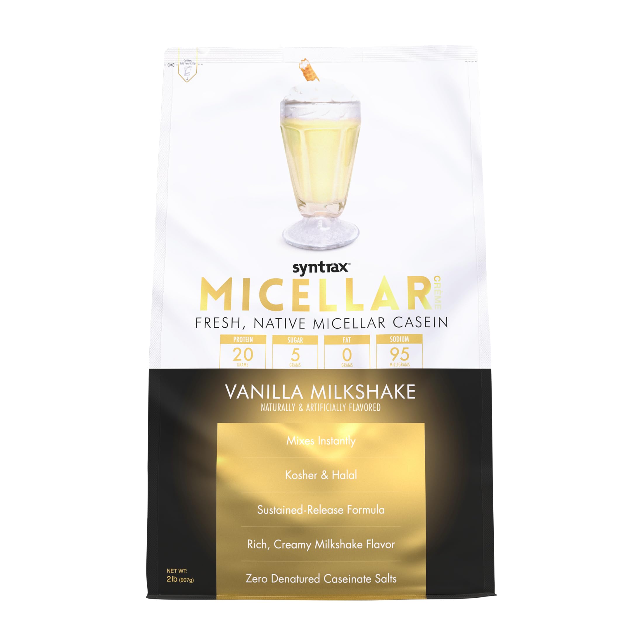 Syntrax Micellar Crème vanilla bottle showing creamy shake and zero fat benefit