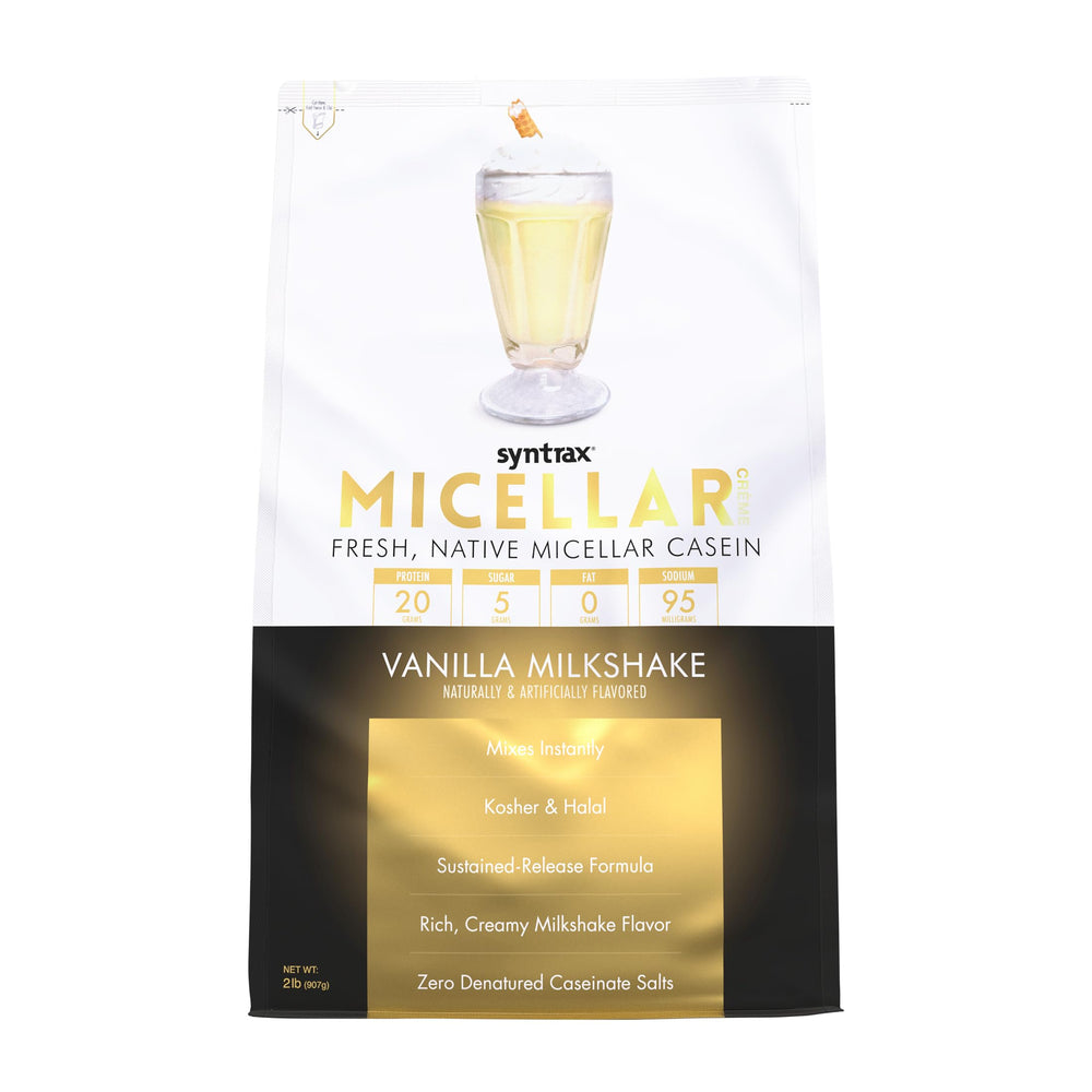 Syntrax Micellar Crème vanilla bottle showing creamy shake and zero fat benefit