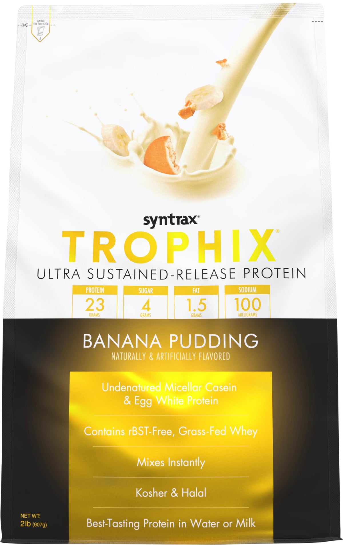 Syntrax Trophix Banana Pudding tub front view highlighting sustained-release protein.