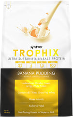Syntrax Trophix Banana Pudding tub front view highlighting sustained-release protein.