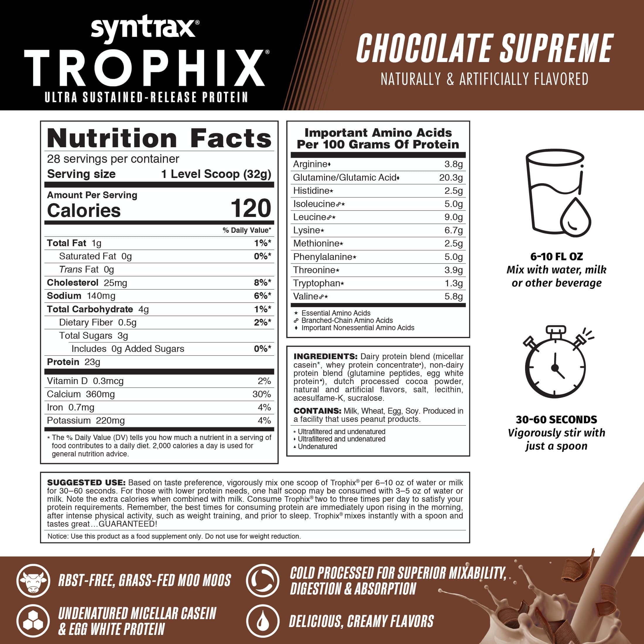 Syntrax Trophix bag shows rBST-free whey and undenatured proteins.