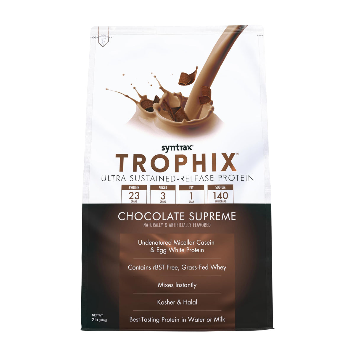Syntrax Trophix chocolate supreme bottle shows a premium protein blend for sustained fueling.