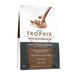 Syntrax Trophix ingredients label highlighting four-protein blend and micellar casein.