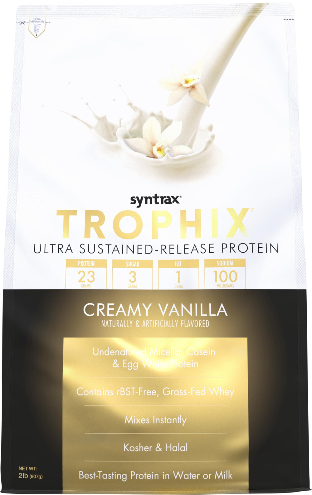 Syntrax Trophix creamy vanilla powder bottle for smooth post-workout shakes.