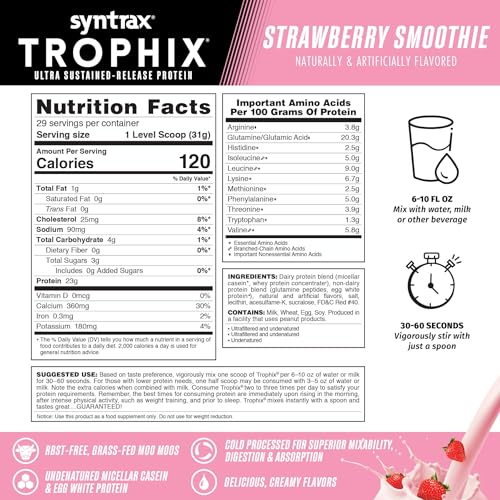 Syntrax Trophix strawberry smoothie pour with creamy flavor promise.