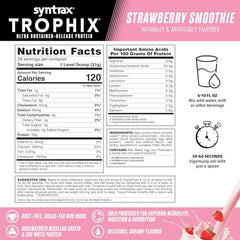 Syntrax Trophix strawberry smoothie pour with creamy flavor promise.