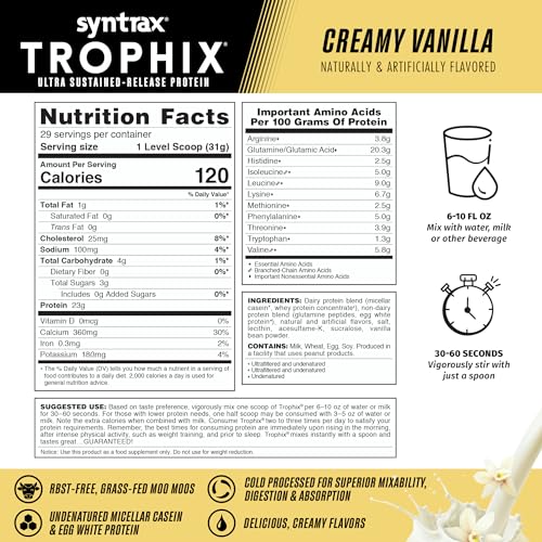 Syntrax Trophix vanilla shake in glass, offering rich flavor and easy mixing.