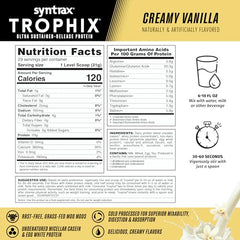 Syntrax Trophix vanilla shake in glass, offering rich flavor and easy mixing.
