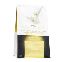 Syntrax Trophix label shows vanilla specks, signaling premium multi-source protein blend.