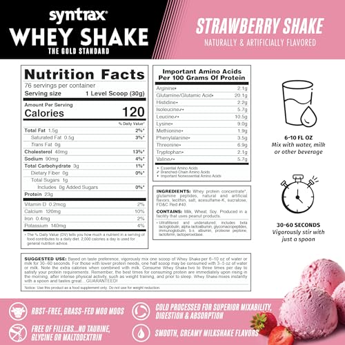 Syntrax Whey Shake strawberry mix into water demonstrates instant mixability and smooth texture.