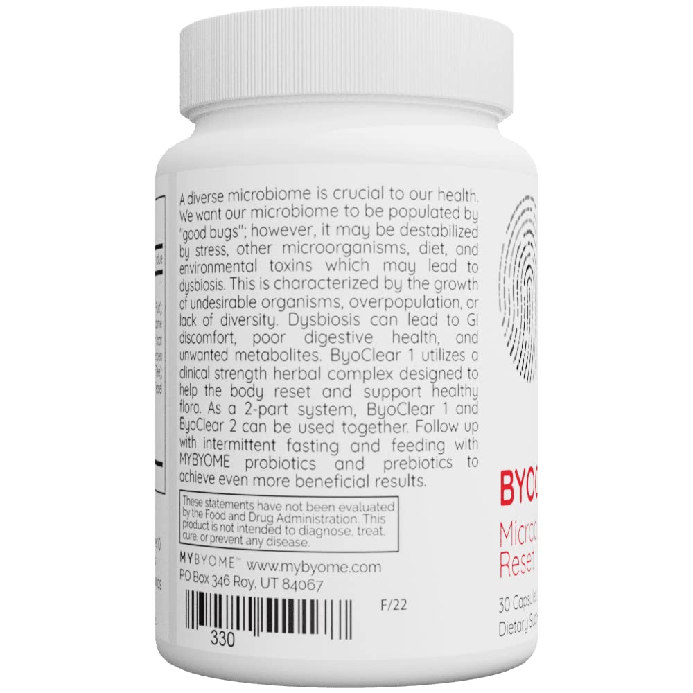 Systemic Formulas MyByome ByoClear 1 label close-up emphasizing microbiome reset concept.