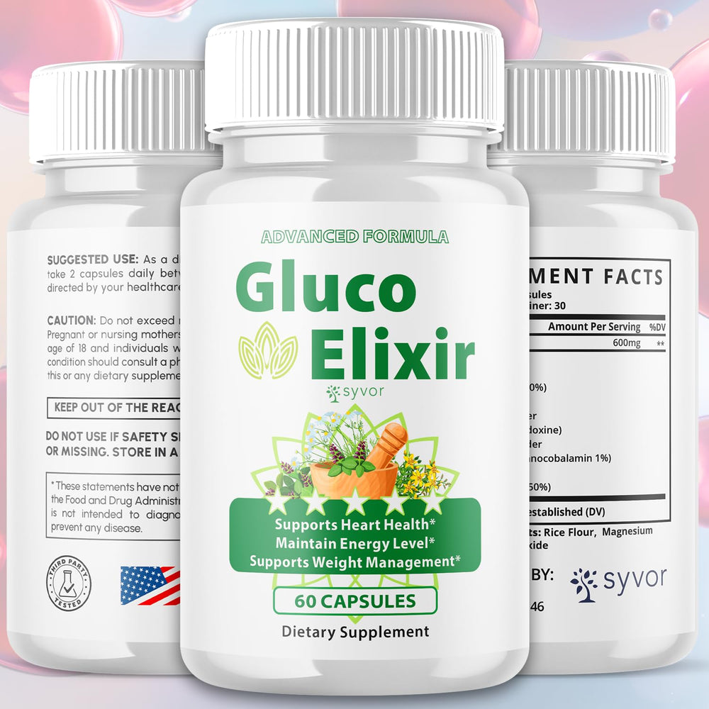 Syvor Gluco Elixir capsules closeup, all-natural ingredients for vitality