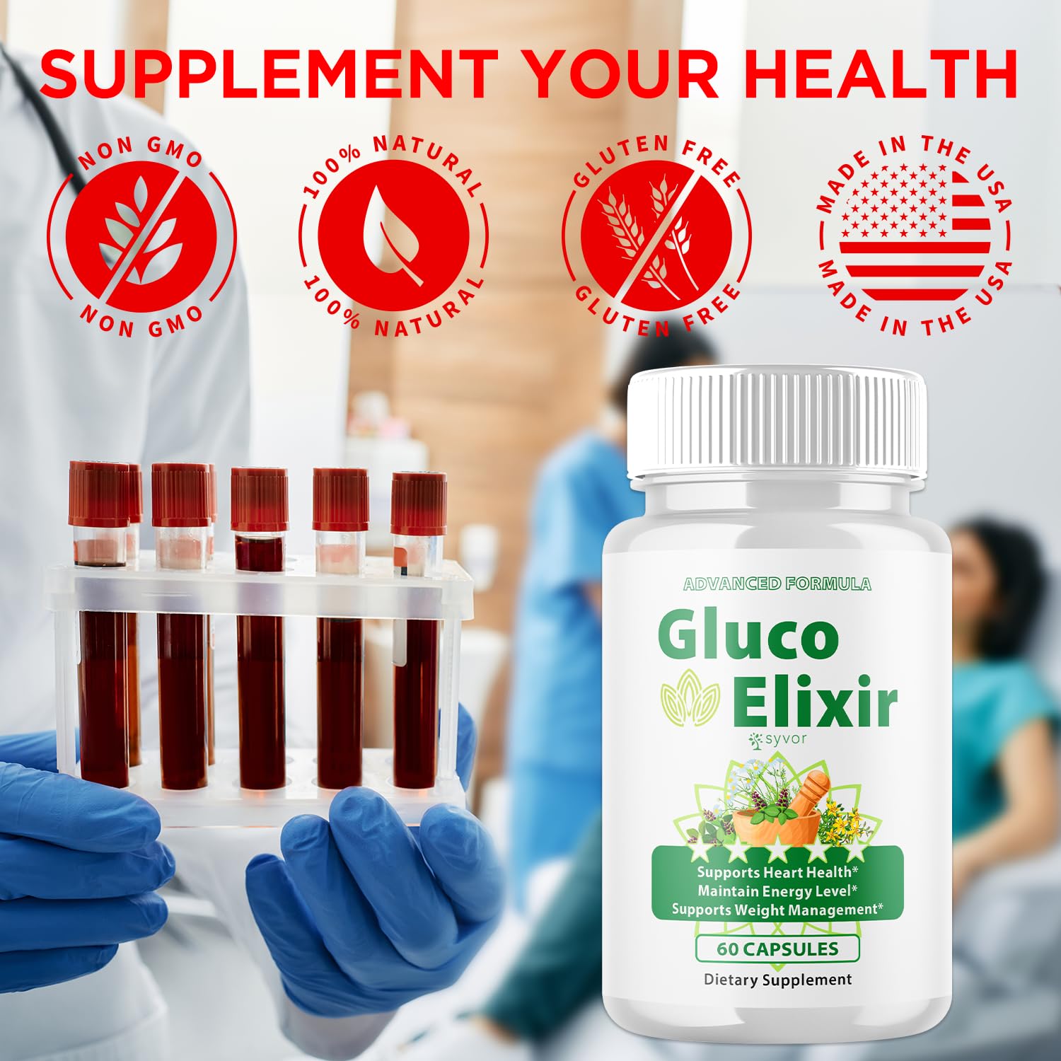Syvor Gluco Elixir label detail, clean natural formulation