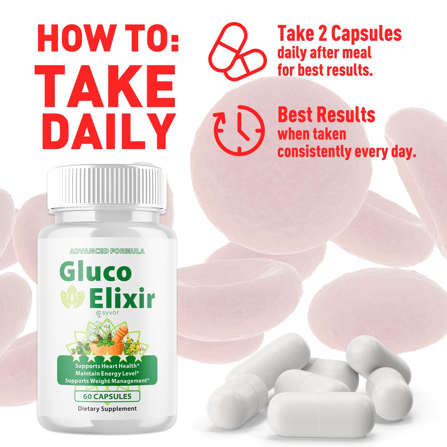 Syvor Gluco Elixir pour capsules, easy daily intake with water