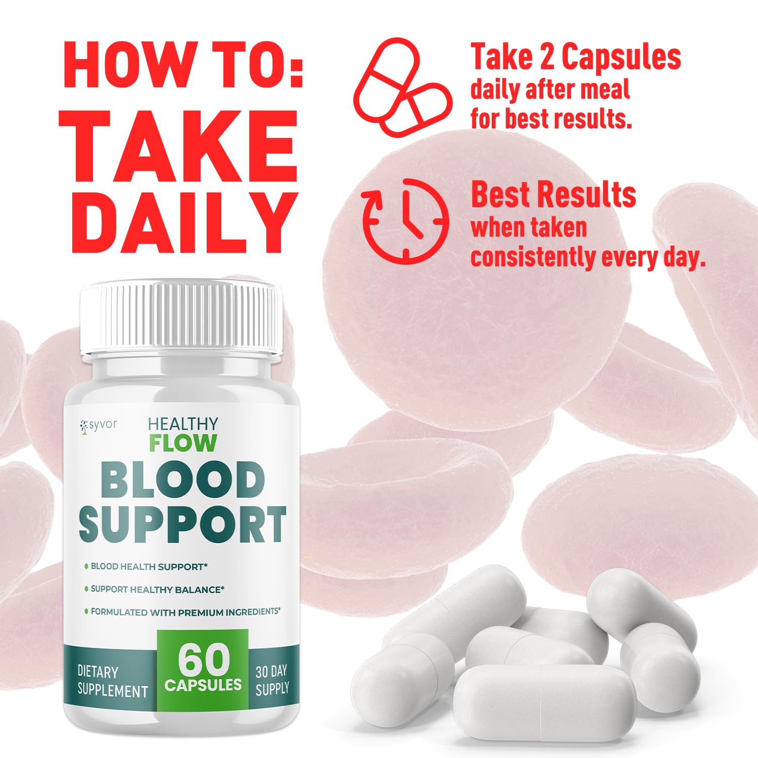 Syvor Healthy Flow Blood Support serving count visible on bottle