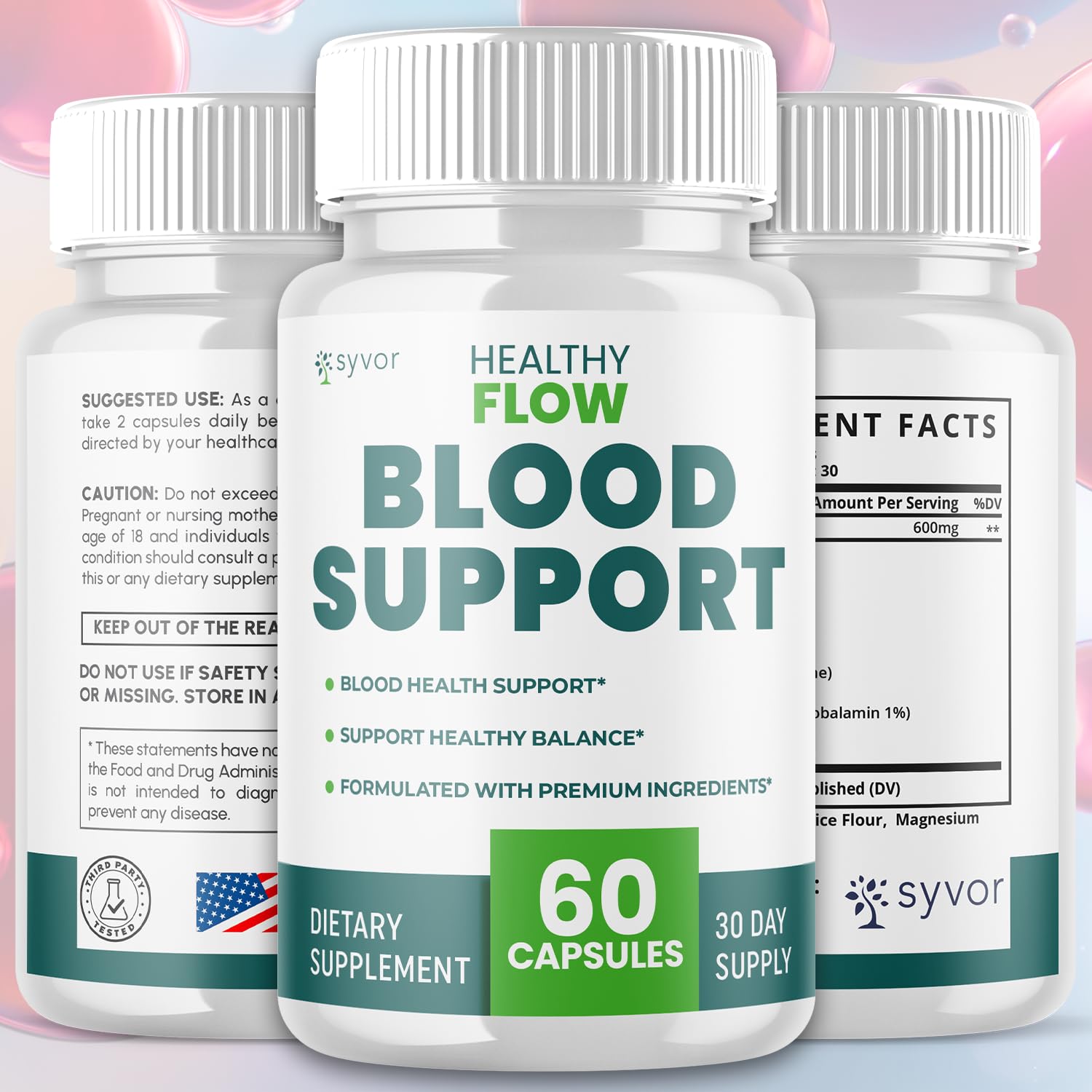 Syvor Healthy Flow bottle label highlights premium vitamins for all users.