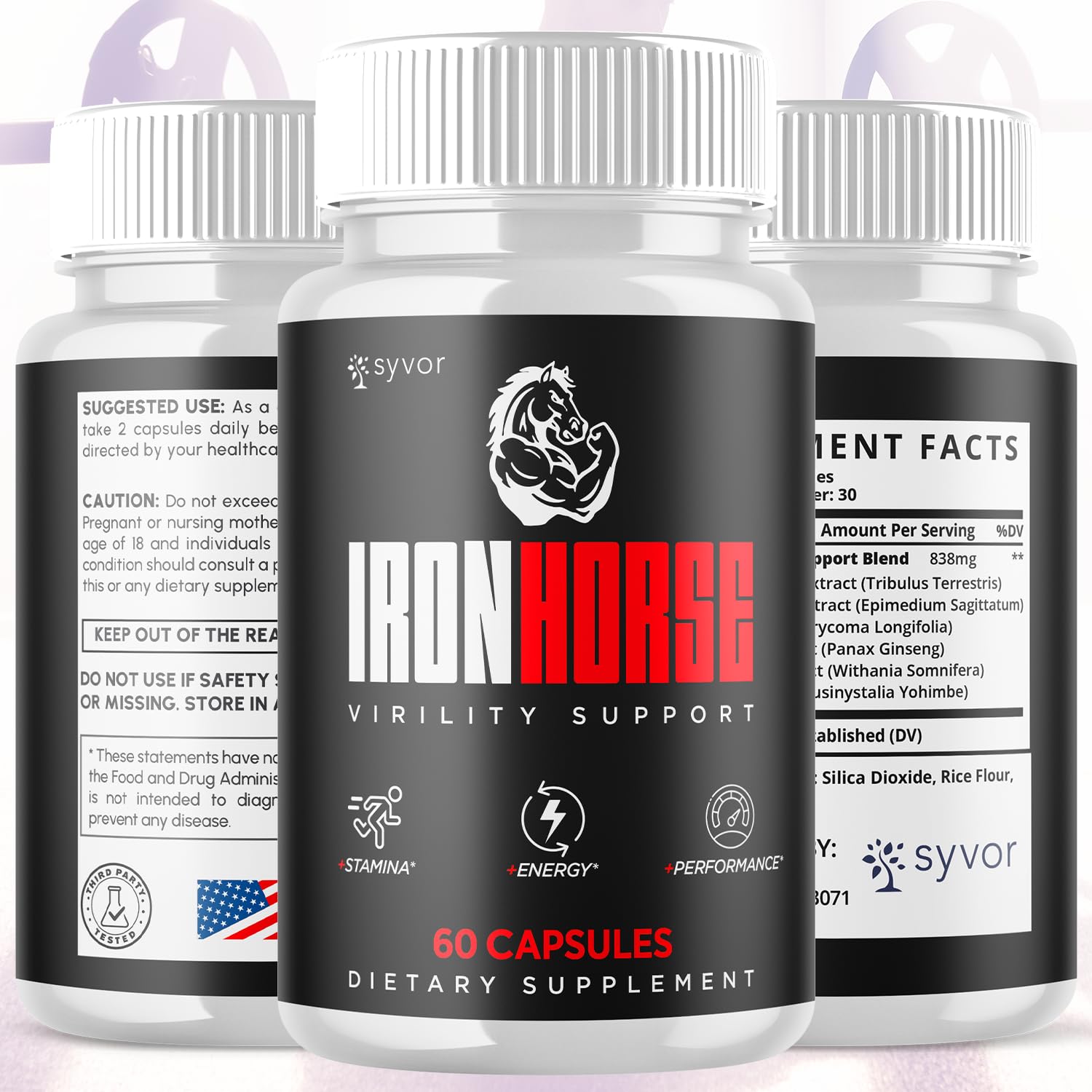 Syvor Iron Horse capsules close-up highlights natural ingredients and quality.