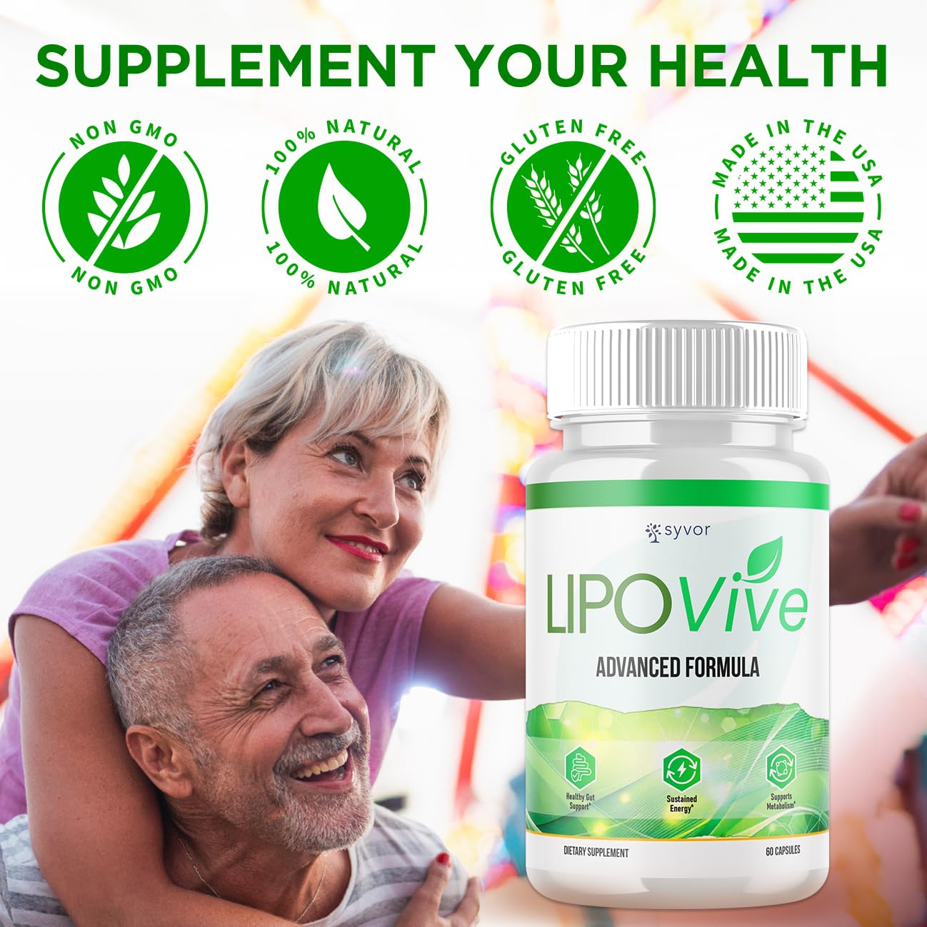 Lipovive capsules and packaging highlighting 30 servings per bottle.