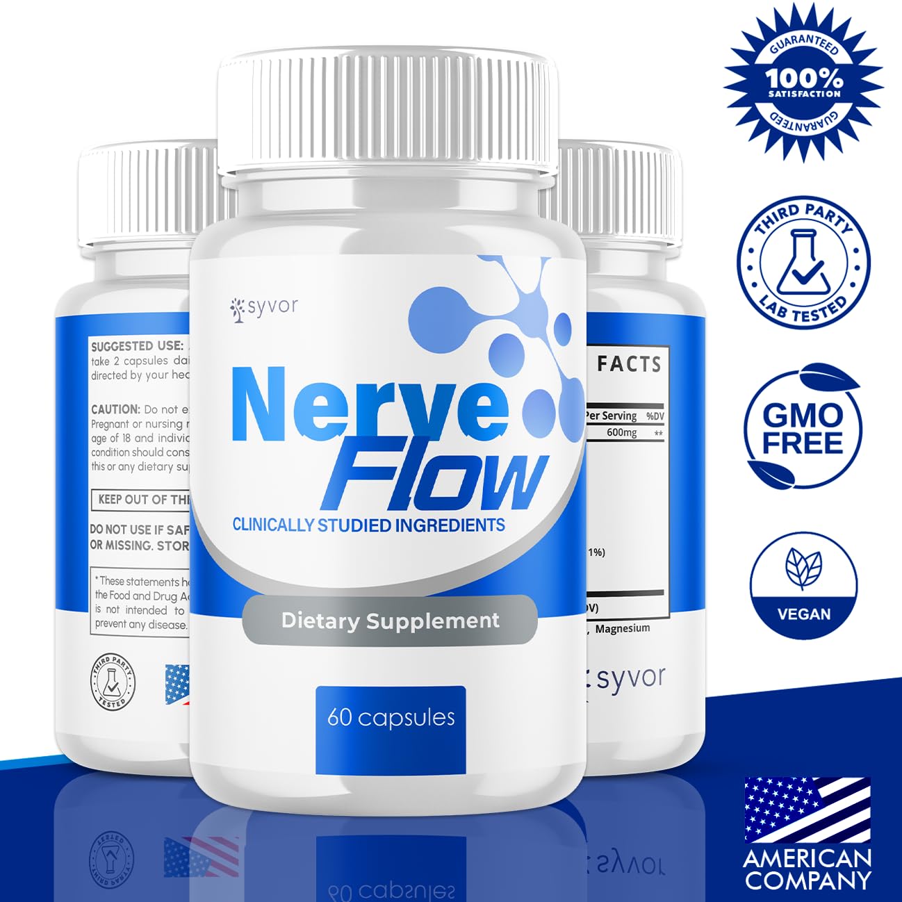 Syvor Nerve Flow capsules close-up highlighting natural ingredients for wellness.