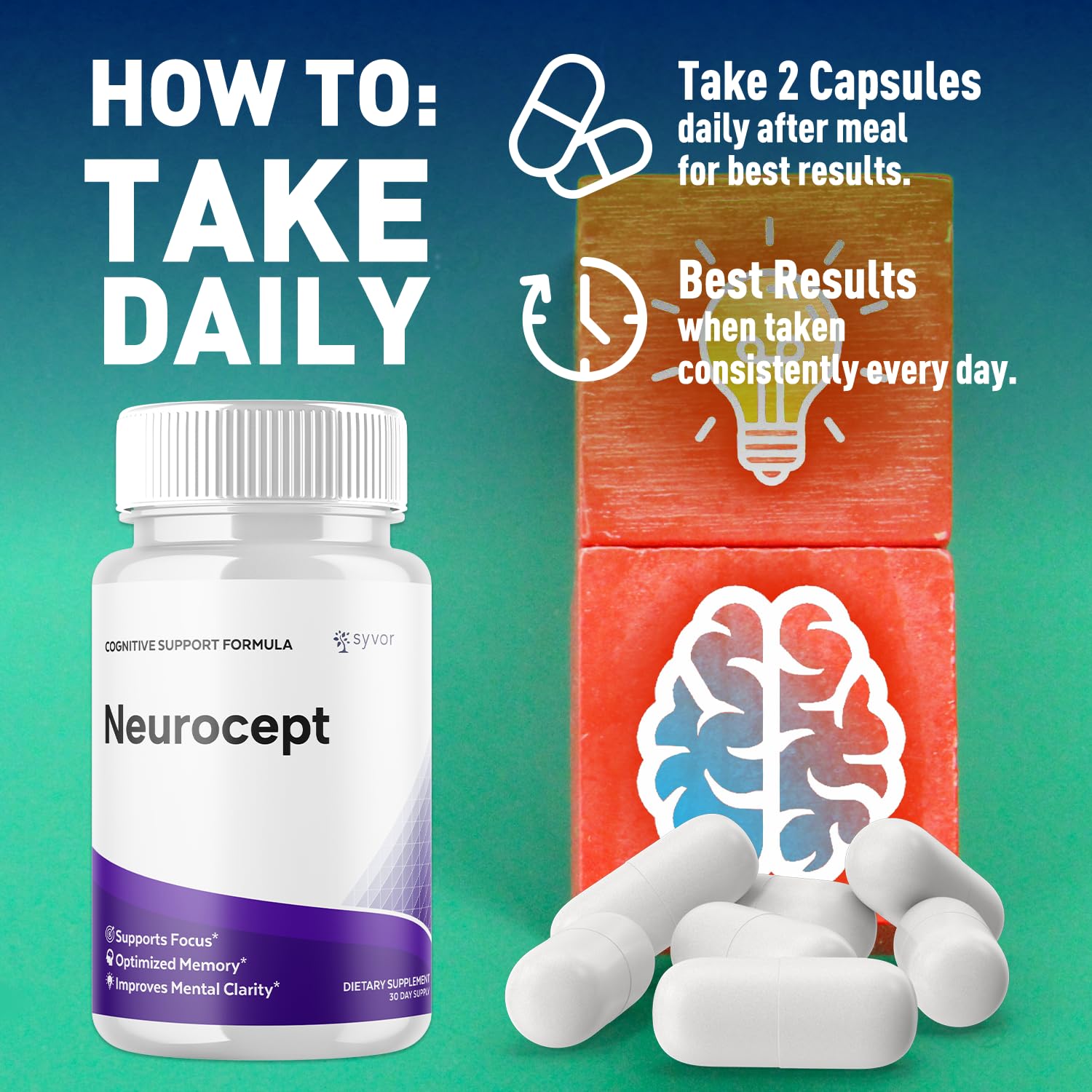 Syvor Neurocept label close-up shows 30 servings per bottle