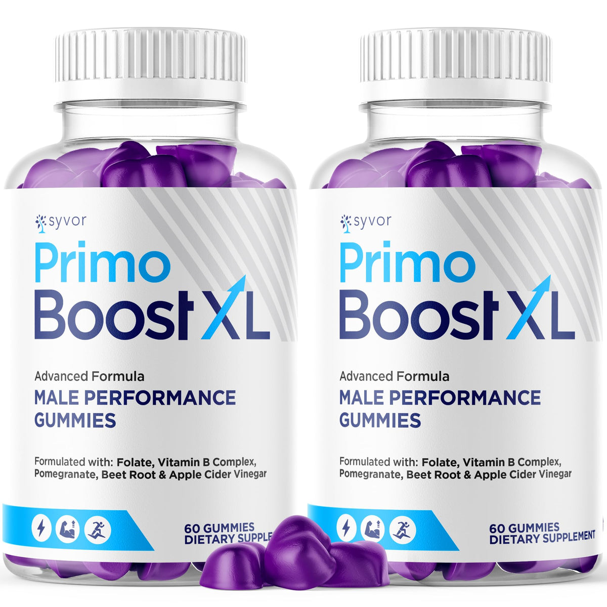 Syvor Primo Boost XL gummies bottle showing the all-natural wellness formula for daily use.