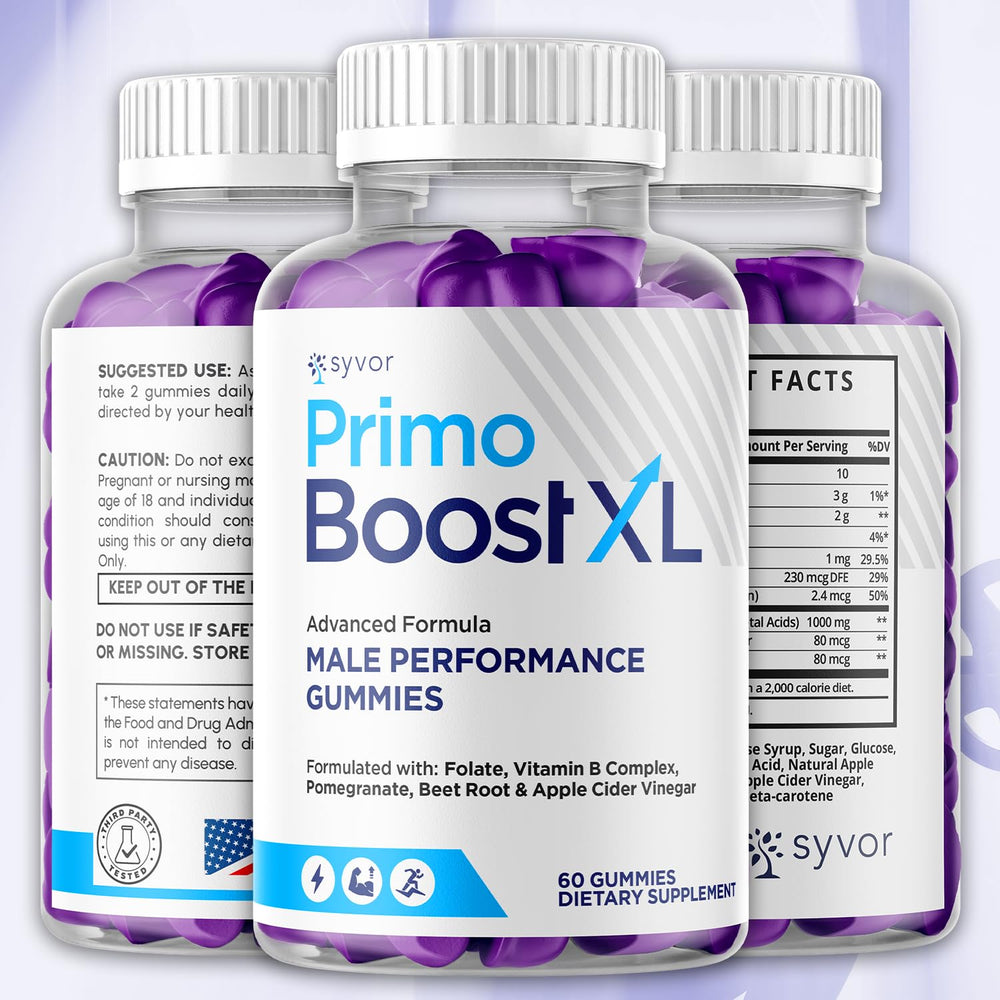 Syvor Primo Boost XL gummies closeup shows chewy texture and natural color for daily wellness.