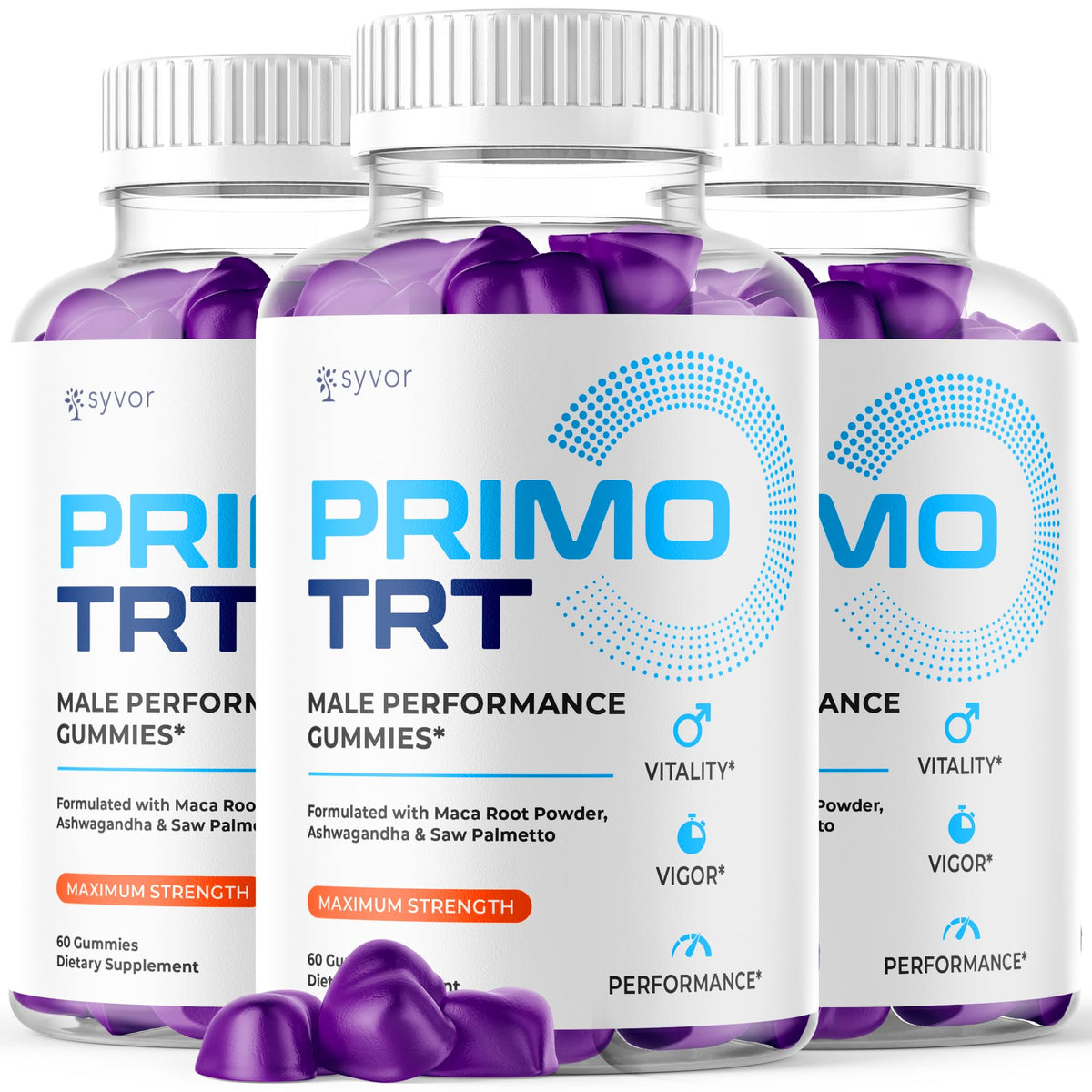 Syvor Primo TRT Gummies bottle front view for daily performance support.