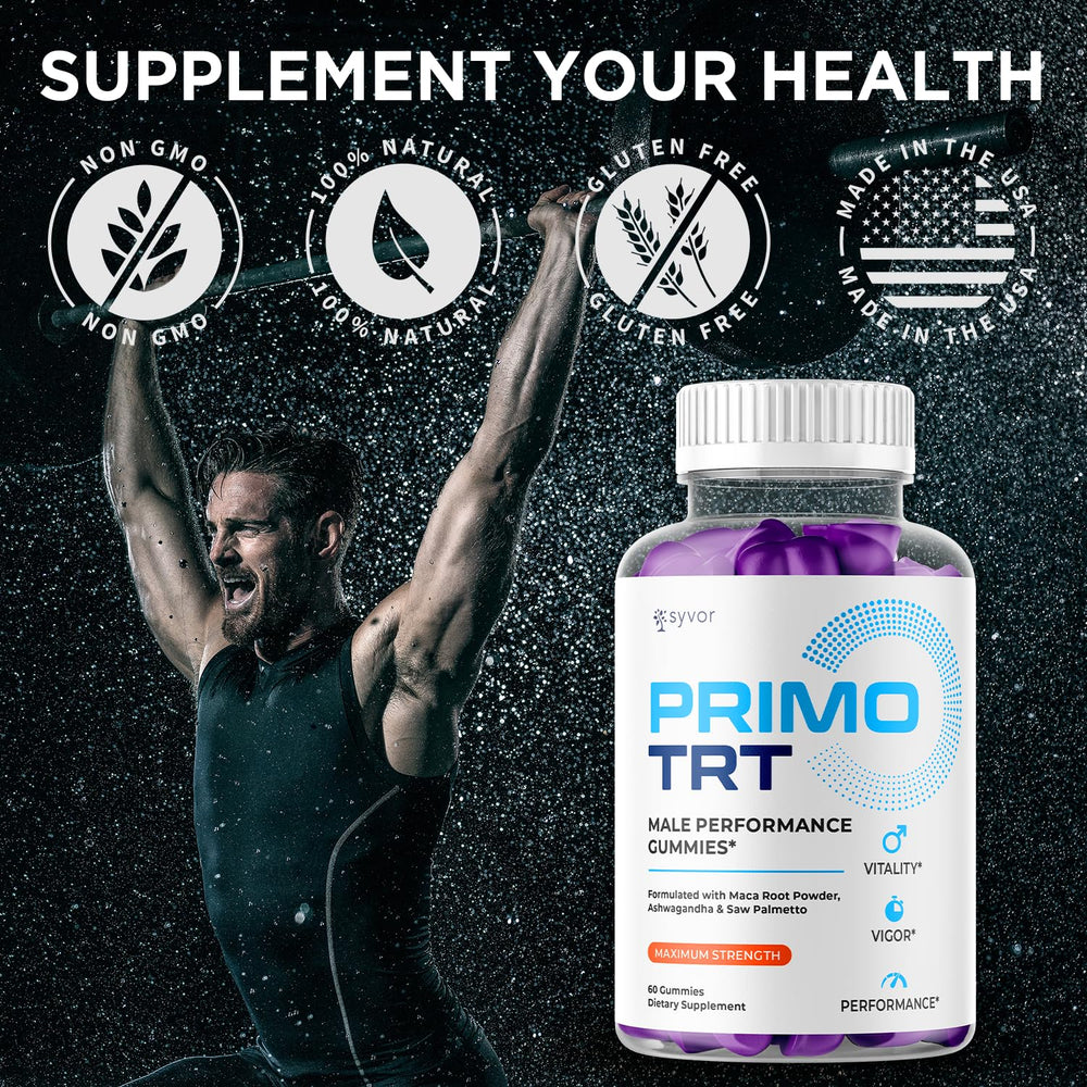 Syvor Primo TRT Gummies packaging side view highlighting bottle design.