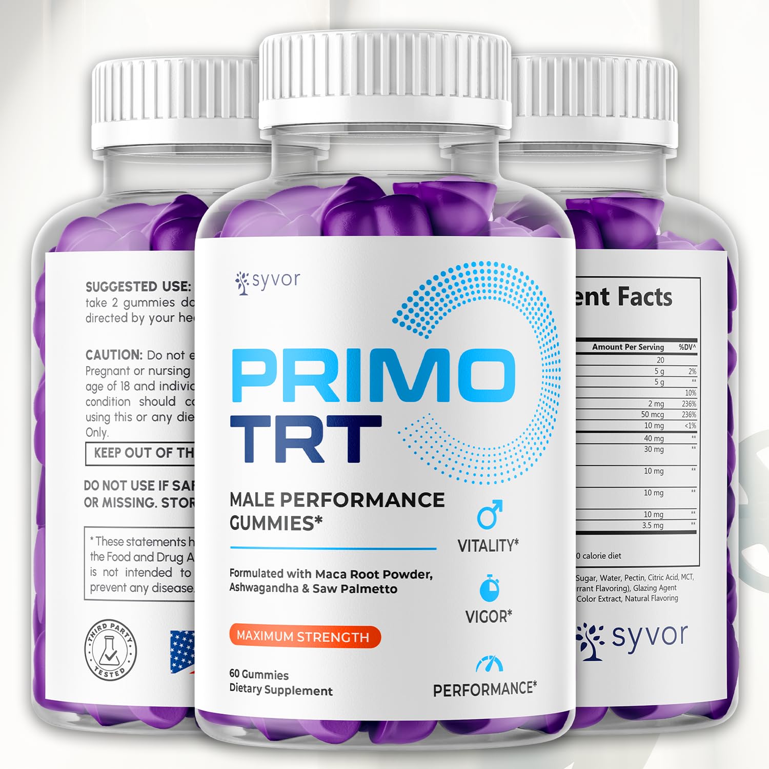 Syvor Primo TRT Gummies 3-pack packaging showcasing convenient multi-pack.