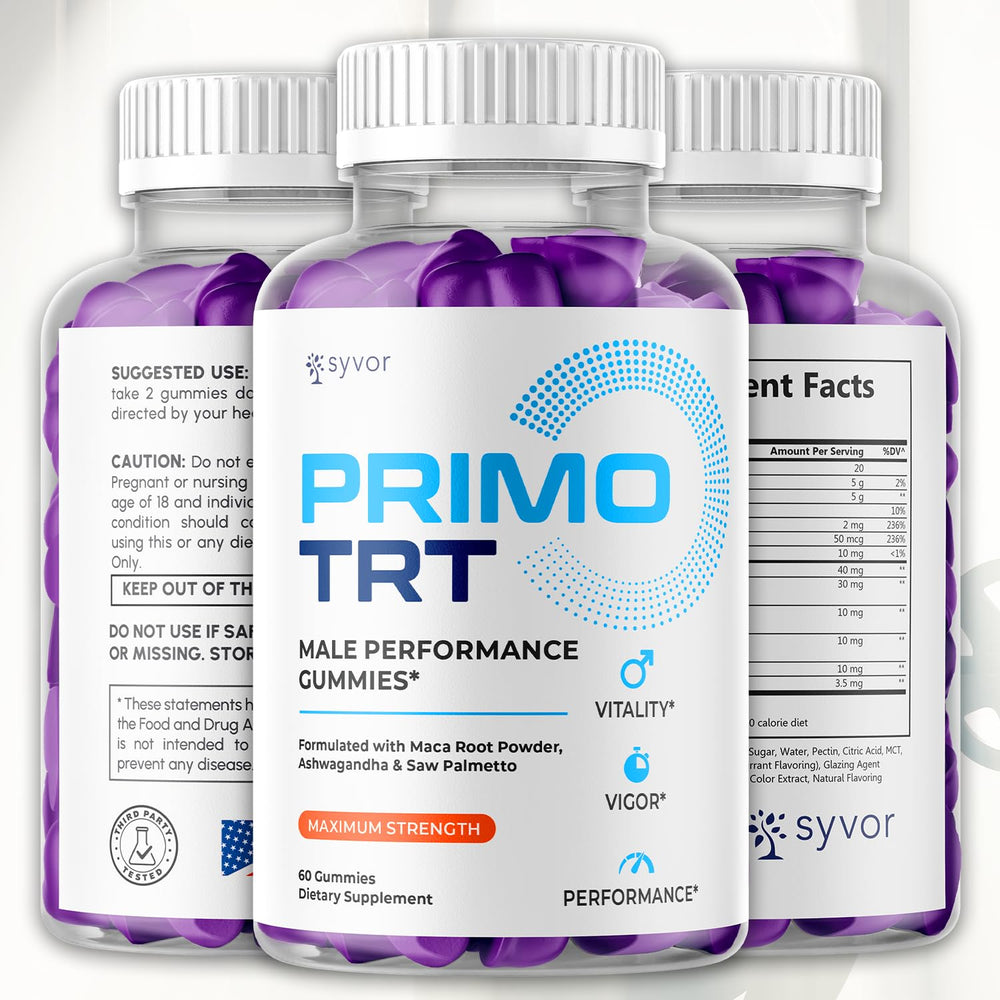 Syvor Primo TRT Gummies 3-pack packaging showcasing convenient multi-pack.