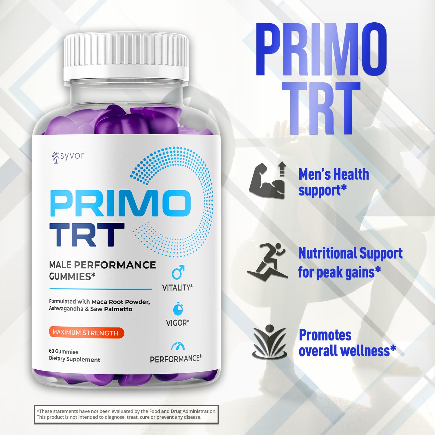 Syvor Primo TRT Gummies serving size illustration showing 30 servings.