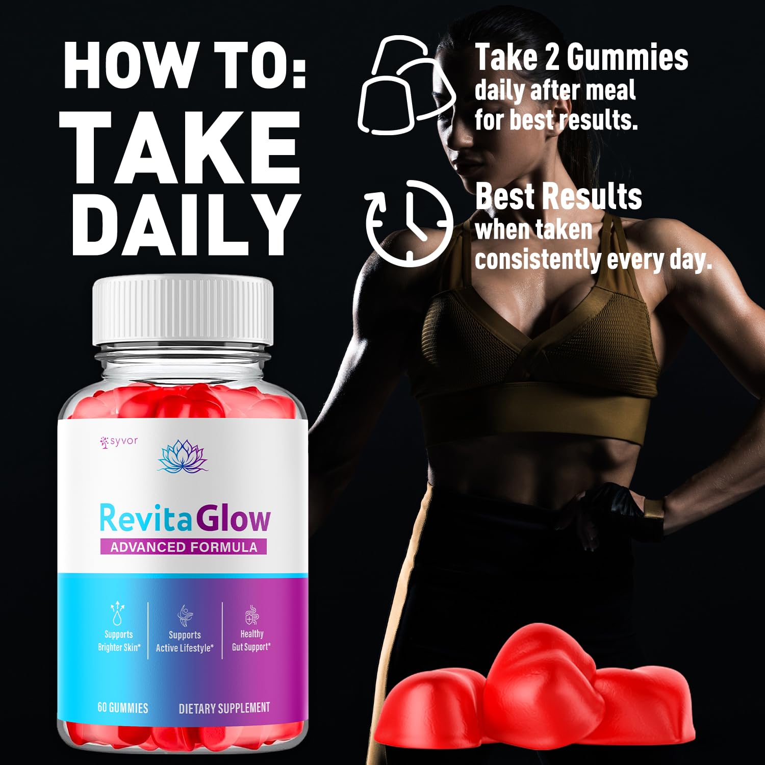 Syvor RevitaGlow bottle label highlighting 30 servings per bottle for consistent daily use.