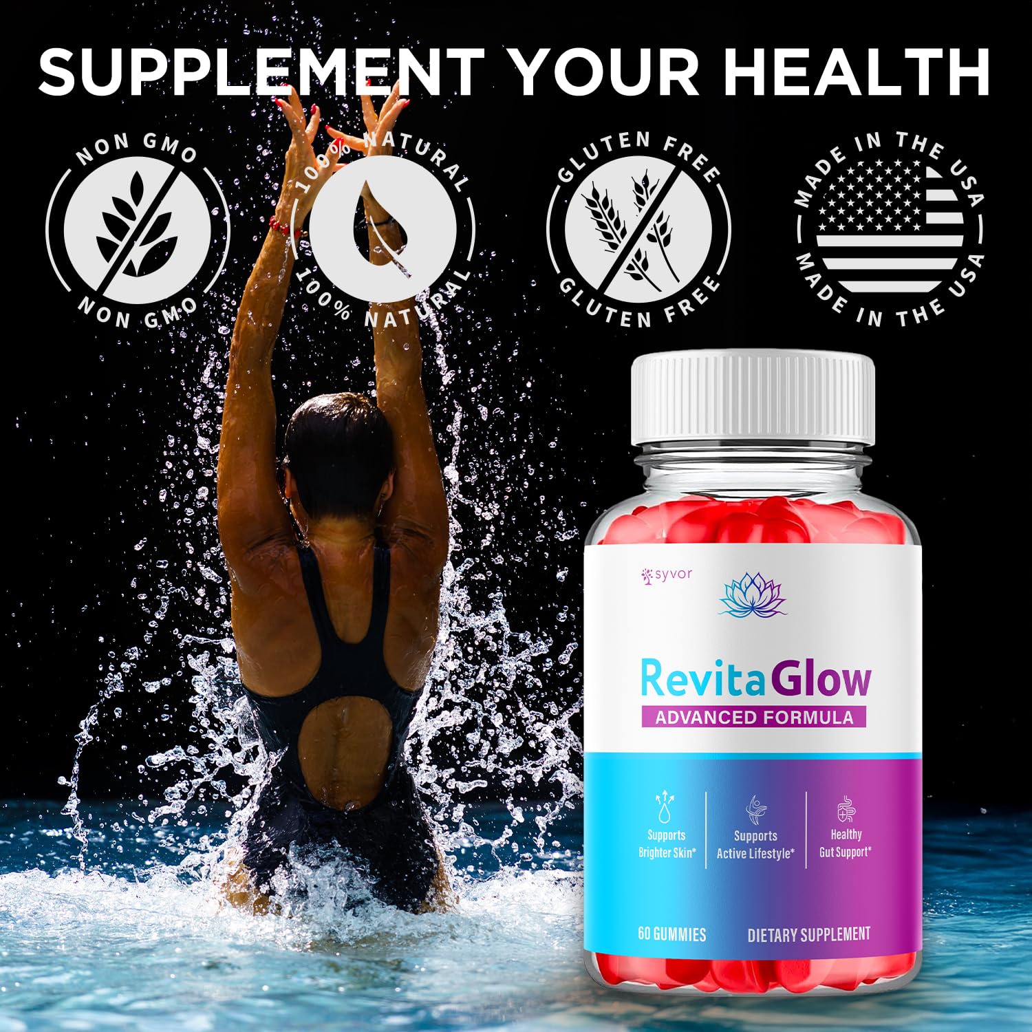 Syvor RevitaGlow gummies on a countertop in a wellness routine shot, suggesting easy daily practice.