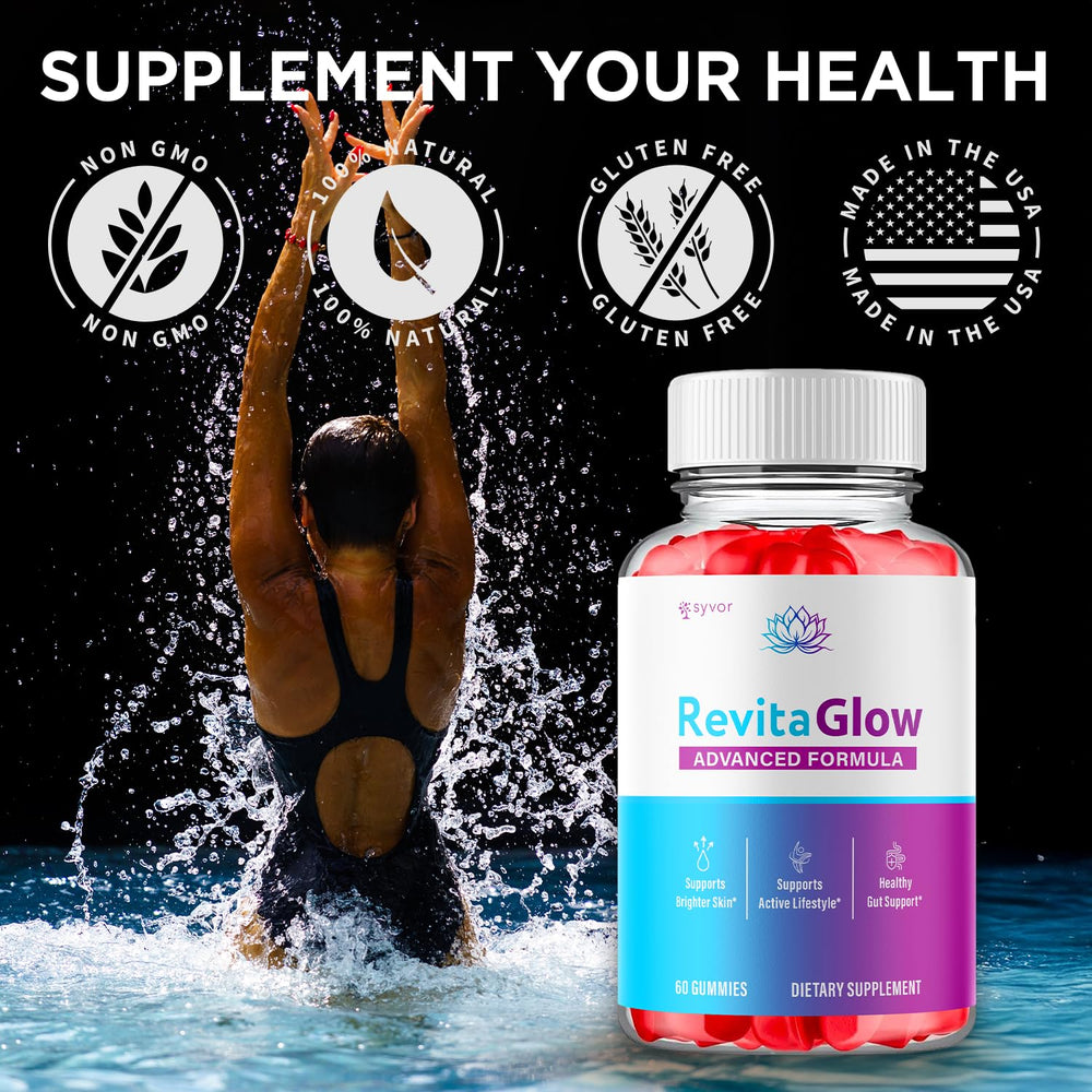 Syvor RevitaGlow gummies on a countertop in a wellness routine shot, suggesting easy daily practice.