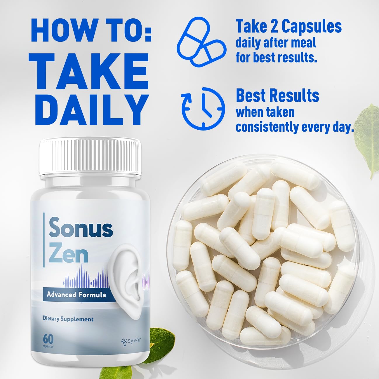 Syvor Sonus Zen capsules bottle being poured for easy daily use.