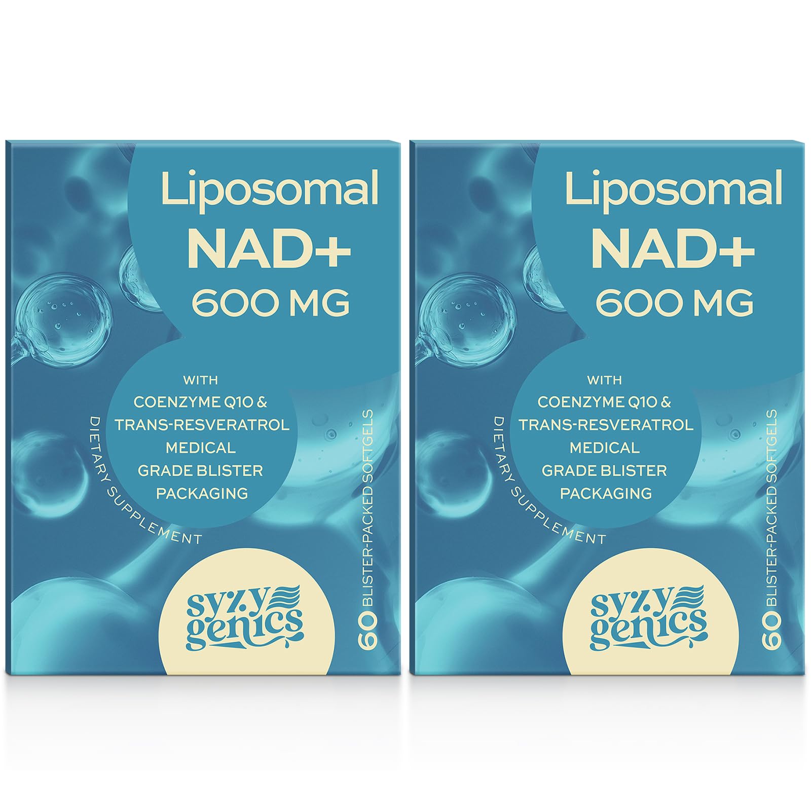 SYZY GENICS NAD+ 600mg softgels with liposomal delivery for enhanced absorption.