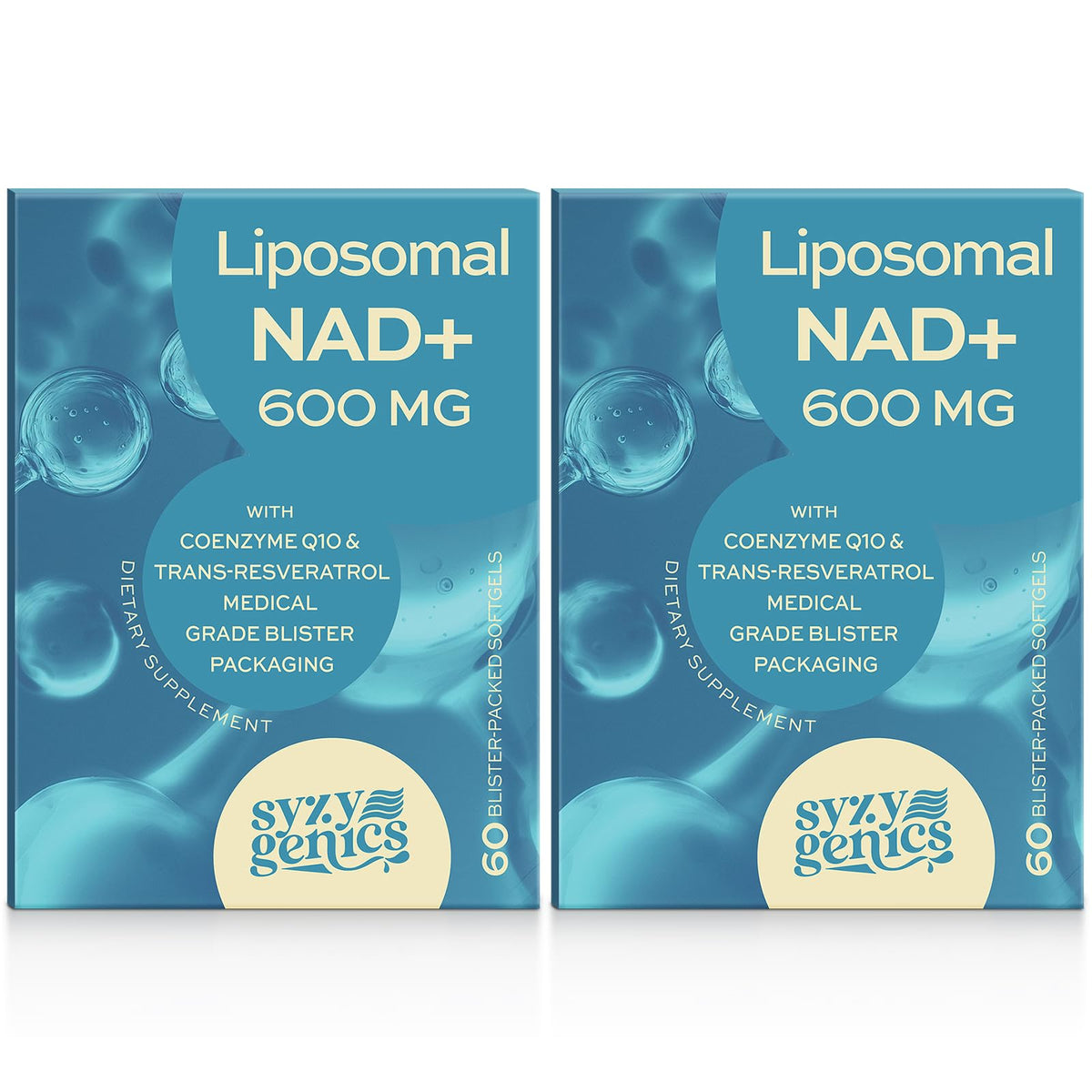 SYZY GENICS NAD+ 600mg softgels with liposomal delivery for enhanced absorption.