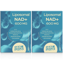 SYZY GENICS NAD+ 600mg softgels with liposomal delivery for enhanced absorption.