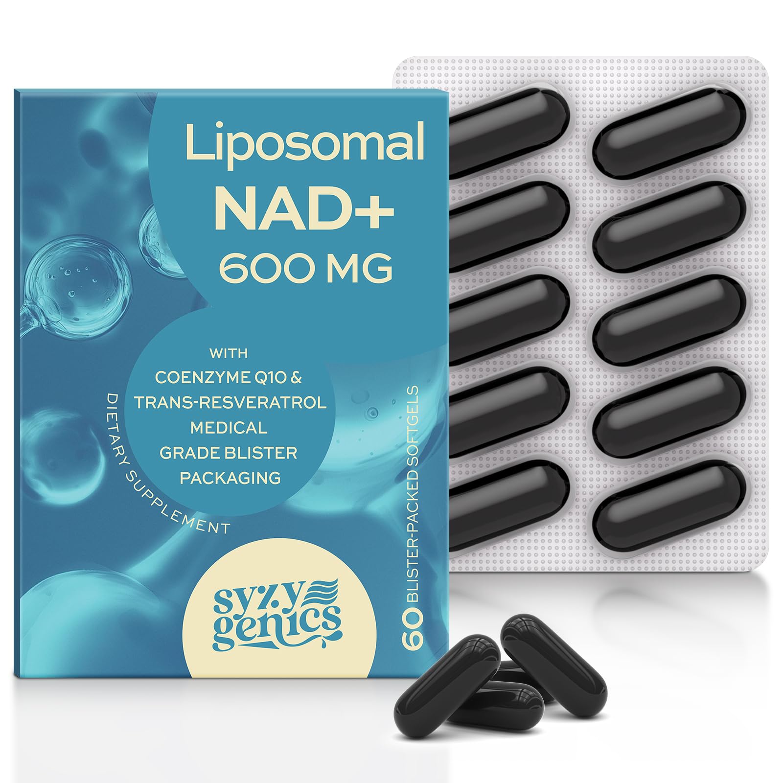 SYZY GENICS NAD+ bottle front view highlights the 1600mg formula for energy support.