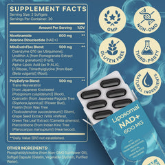 Closeup of SYZY GENICS NAD+ softgels showing liposomal delivery for absorption.