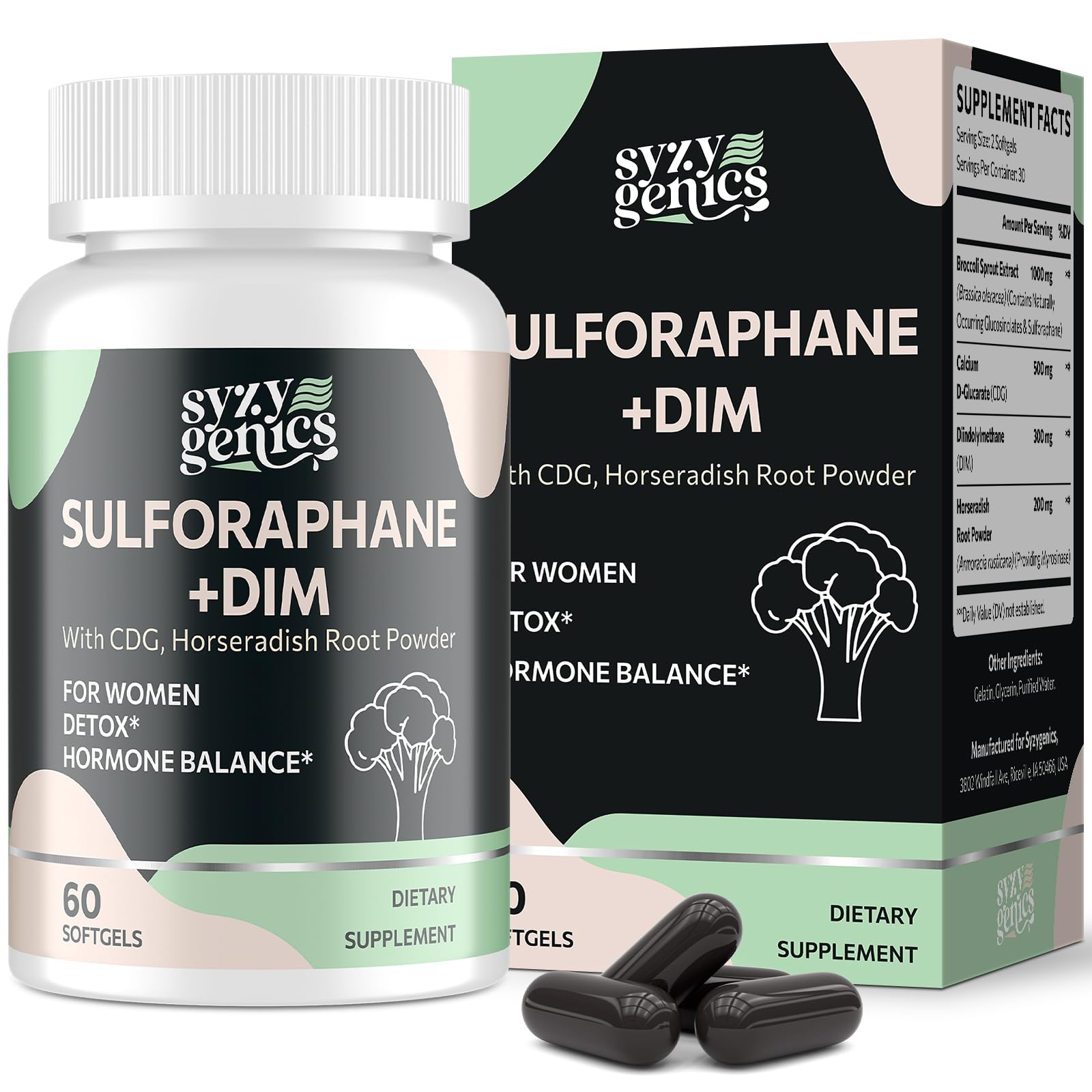 SYZY GENICS sulforaphane bottle featuring broccoli sprouts for antioxidant support
